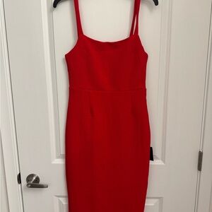 Lulu's Red Ribbed Sheath Midi Dress with Spaghetti Straps for Cocktail
